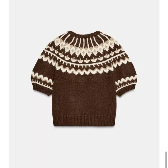 Zara Chocolate and Cream SHORT SLEEVE JACQUARD KNIT SWEATER fair isle sz small - Picture 6 of 8